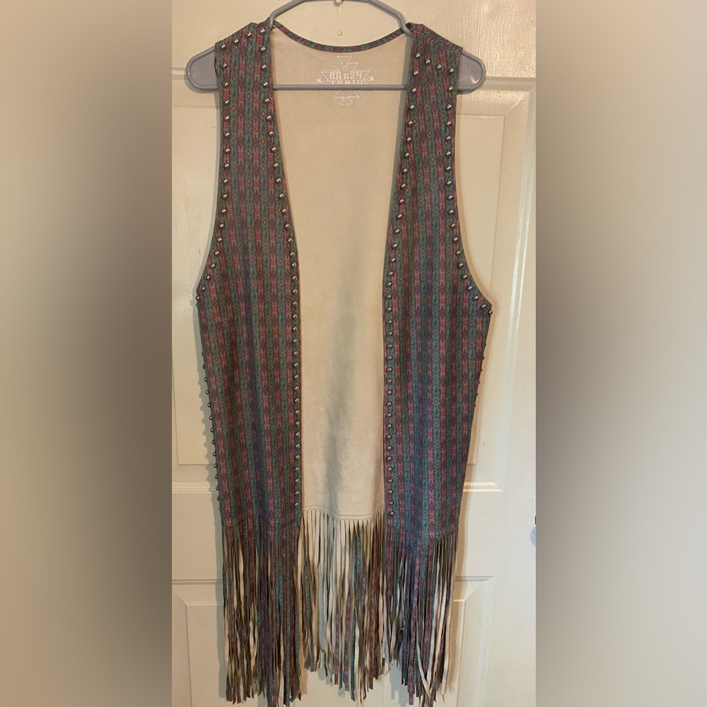 Crazy Train Western Style  Studded Open Front Fringe Duster Vest